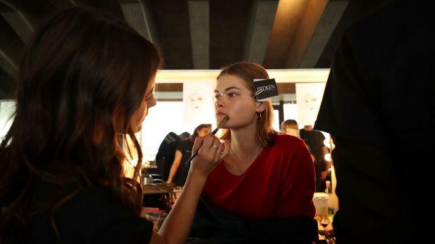 Barely there makeup application at Dion Lee's show for Mercedes-Benz Fashion Week. Photo: Cole Bennetts